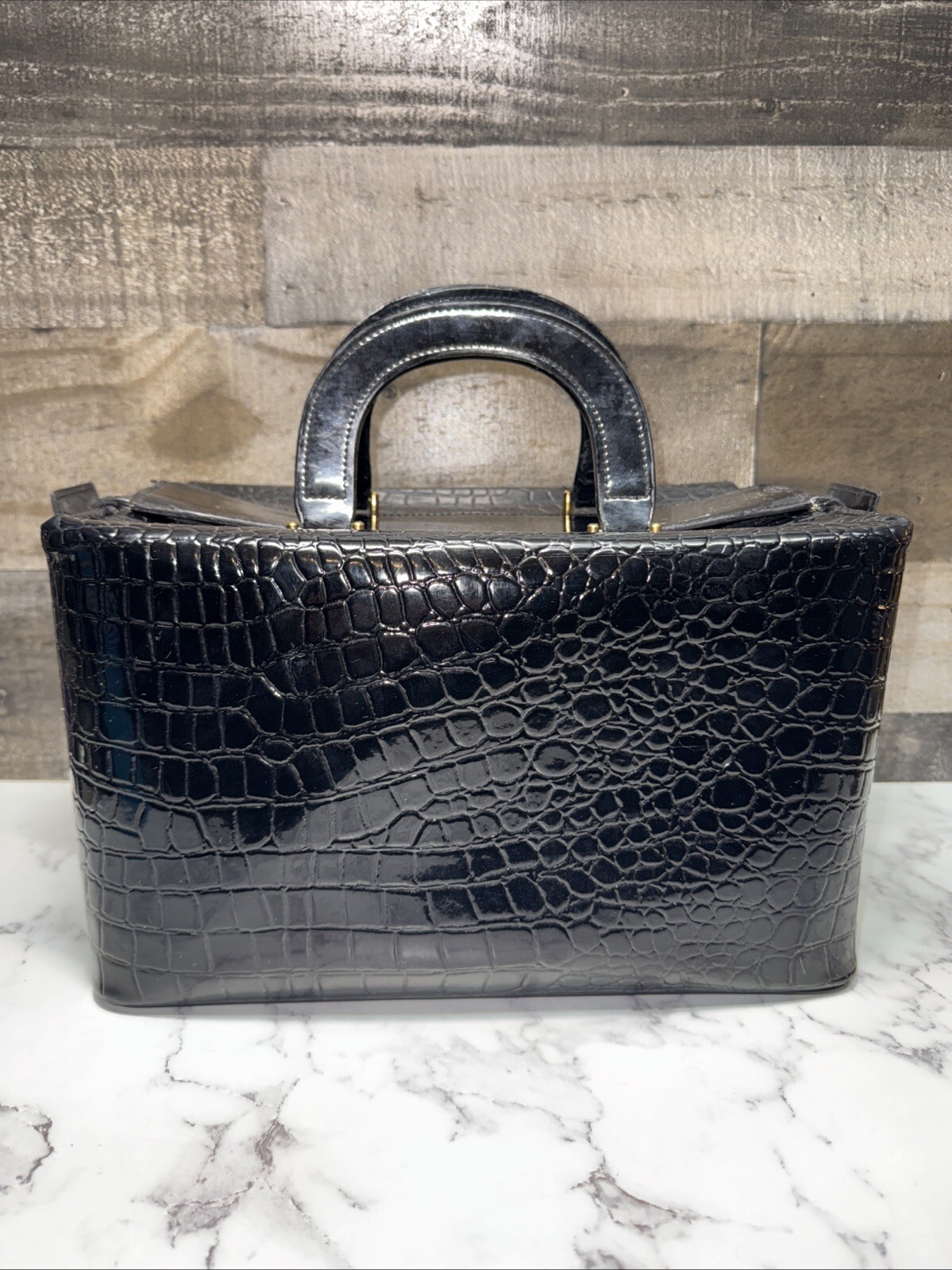 CB Vintage Crocodile Patent Leather Makeup Train Case Black