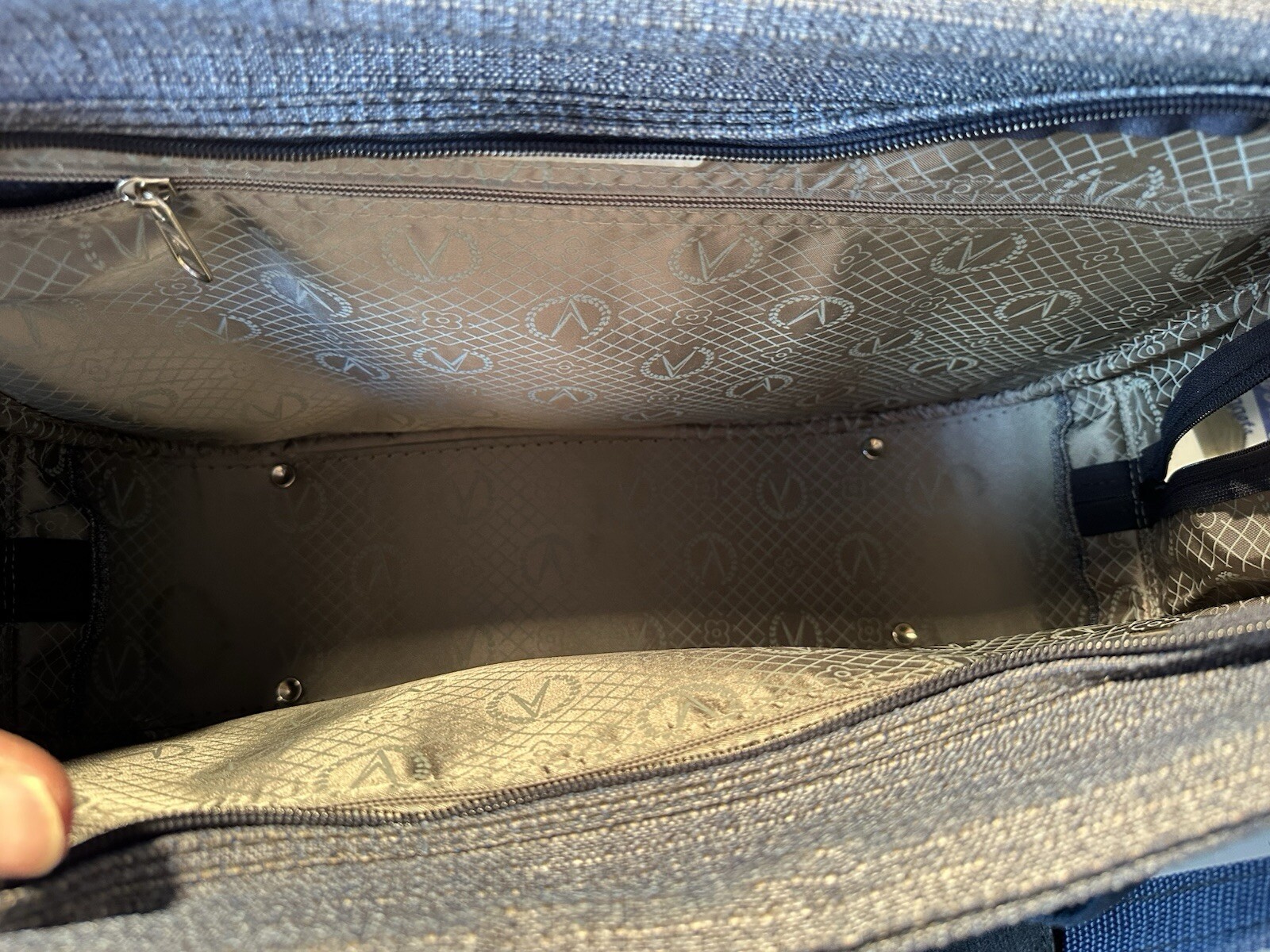 Vintage Ventura Large Shoulder Bag Carry-On Zippered Blue Canvas & Leather