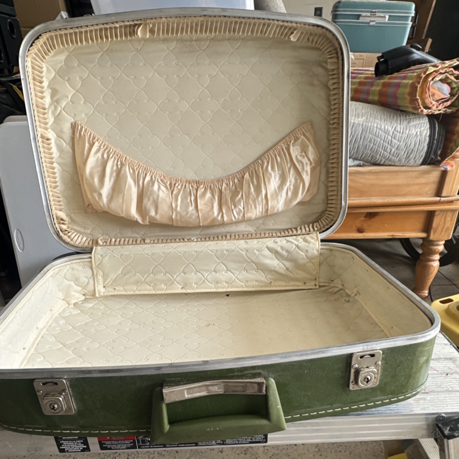 Vintage 1960s Green Hard Vinyl Suitcase with Locking Extra Compartments
