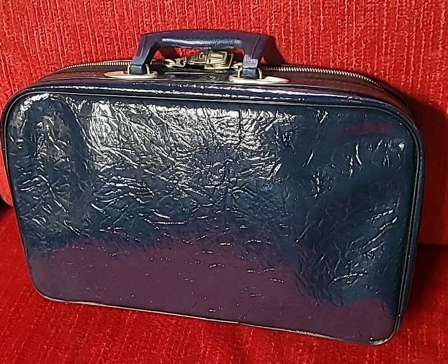 Vintage 60s Blue Vinyl Penguin Travelers Mini Suitcase Overnight Bag Mod Purse