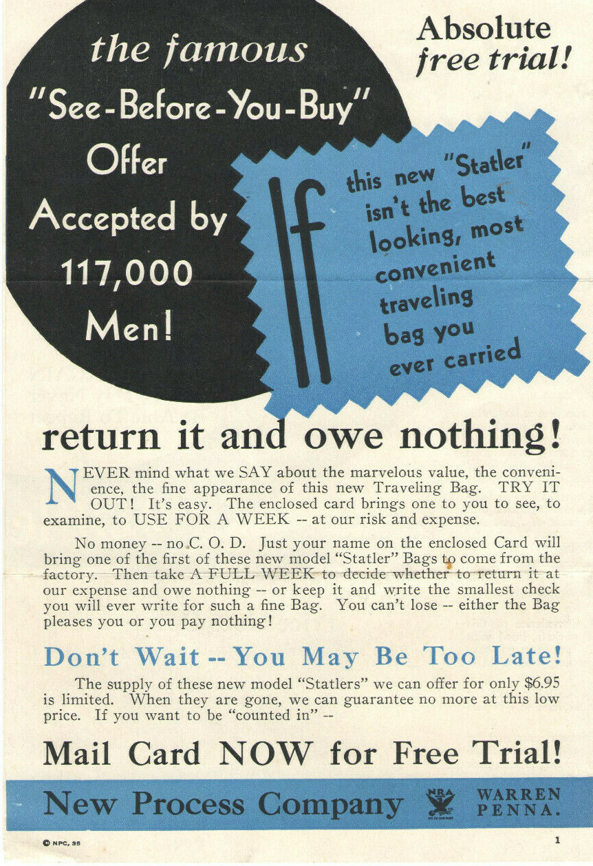 VINTAGE 1935 18″ COWHIDE LEATHER TRAVELING BAG ADVERTISING FLYER! ONLY $6.95!