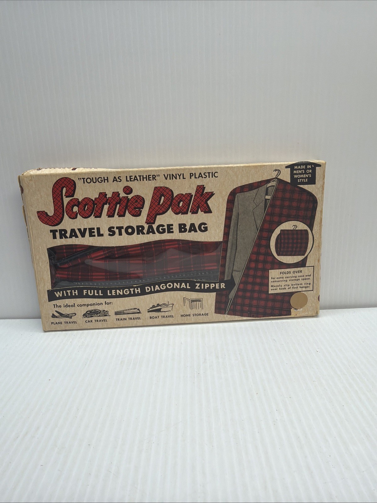 Vintage Scottie Pak Travel Storage Bag Garment Bag – Red Black Plaid Plastic