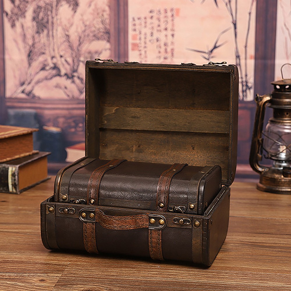 Vintage Wood Leather Antique Suitcase Storage Box Photography Prop Home Decor