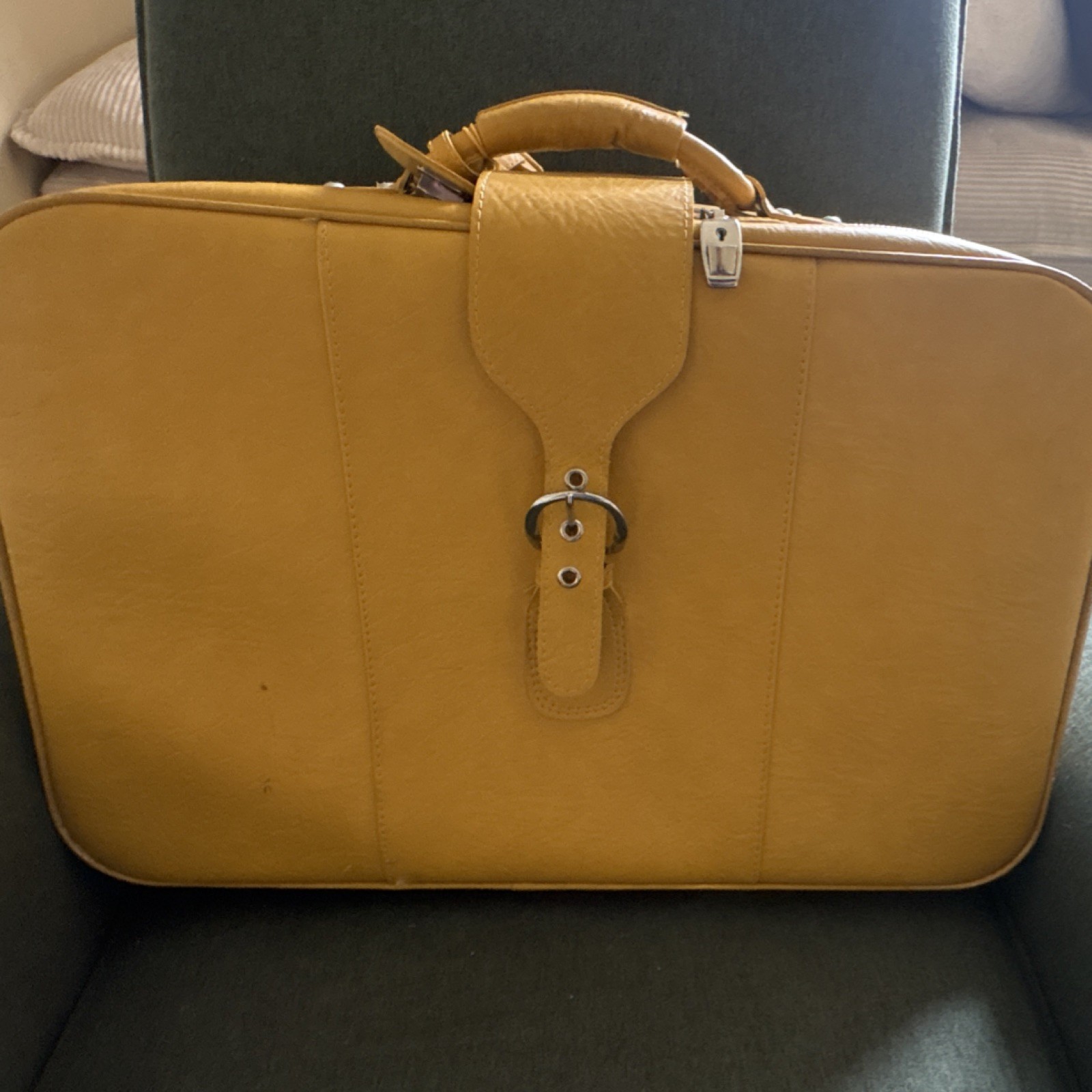Vintage Yellow Faux Leather Hard Suitcase with Lock, Tie-Down Straps