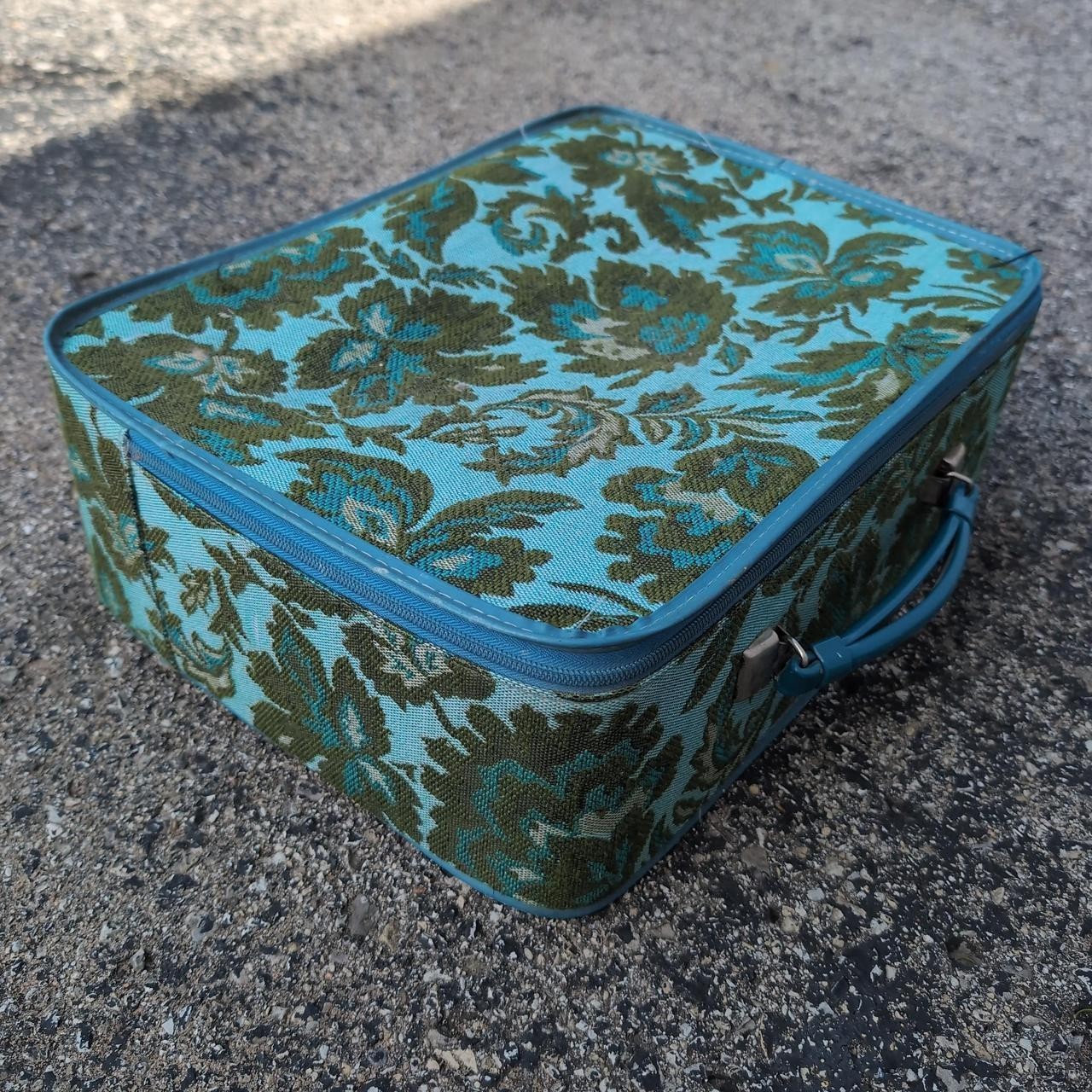 Blue and green vintage floral print suitcase carry on luggage 60s MCM
