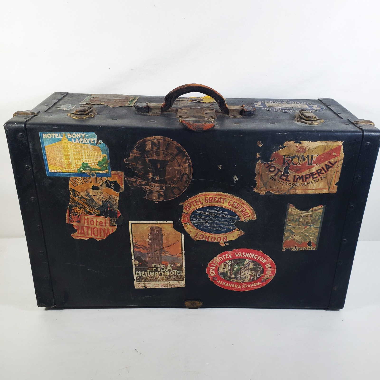 Vintage Warren Leather Goods Co. Wardrobe Trunk Suitcase with Travel Stickers