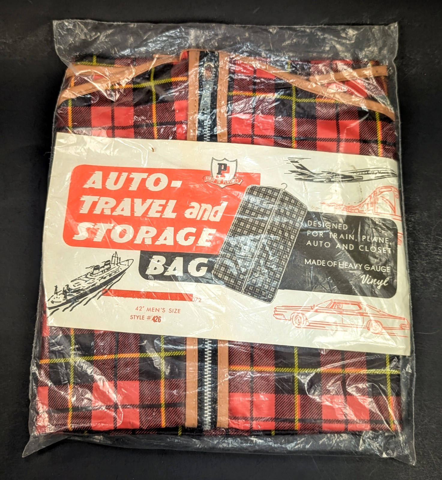 Vtg 60s PLAID VINYL TRAVEL BAG Red Black Yellow Plaid Tartan Storage Men’s 42″