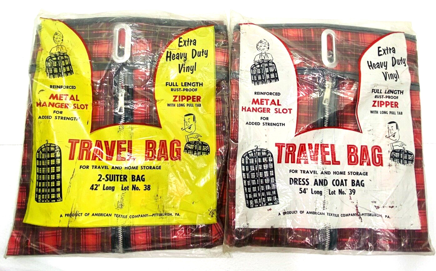Vintage Travel Bag 2 -Suiter Bag 42″ With Dress & Coat Bag 54″ American Textile