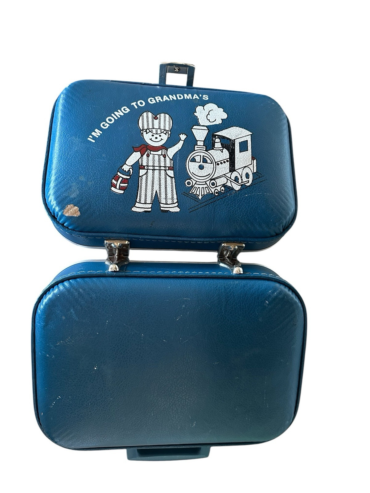 Vintage Blue Hard Shell Suitcase “Going to Grandma’s” Plane Football Train Boy