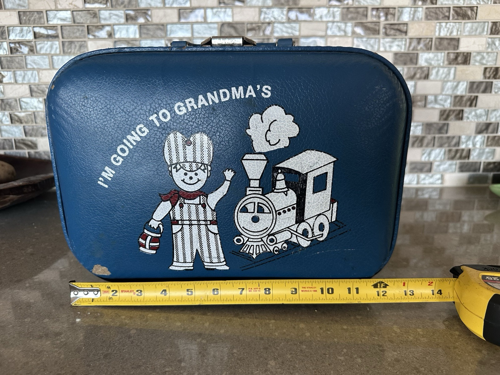 Vintage Blue Hard Shell Suitcase “Going to Grandma’s” Plane Football Train Boy