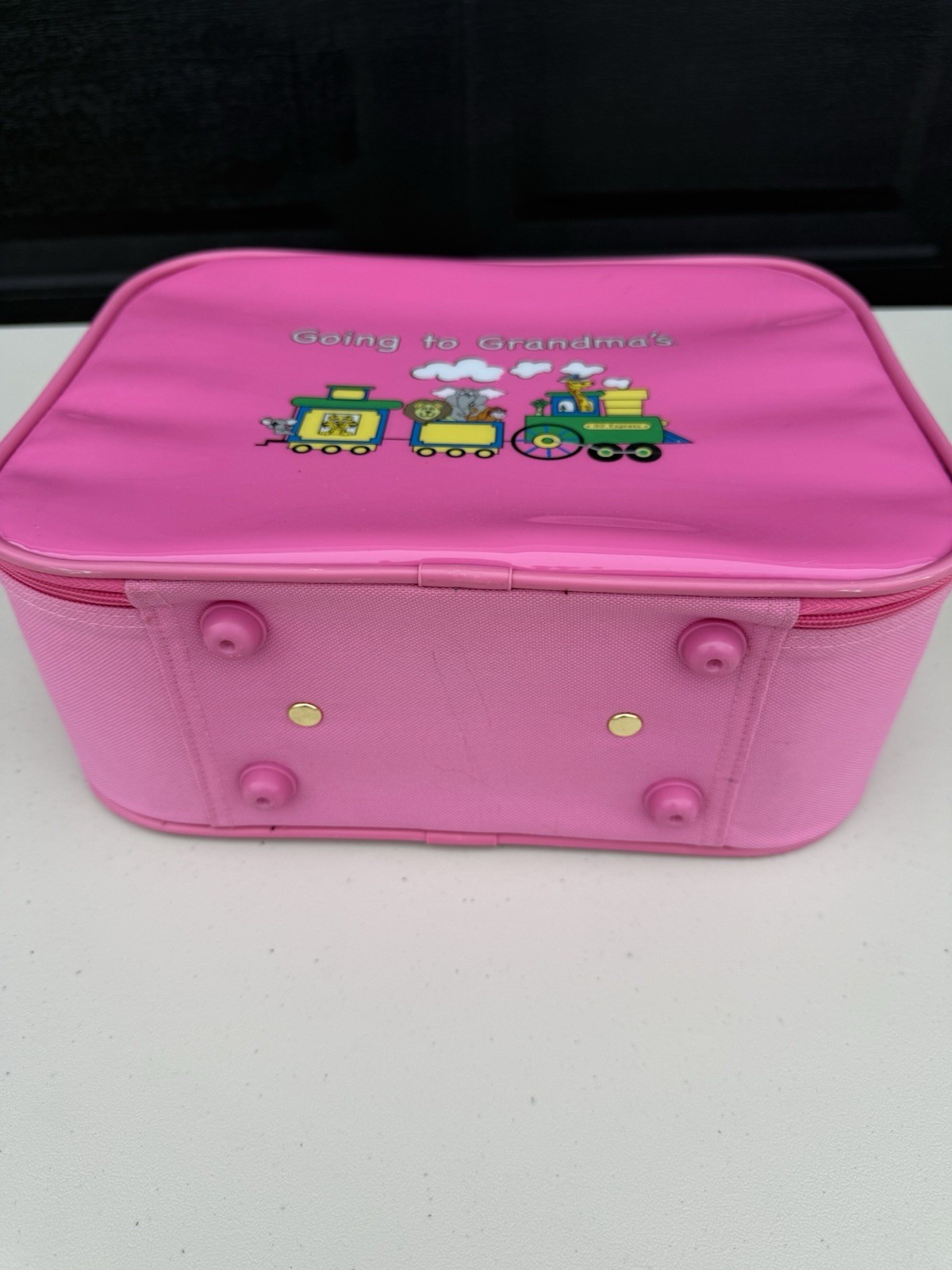 Vintage Pink “Going to Grandmas” Kids Suitcase. Mercury Luggage. 12″x10″x5″.