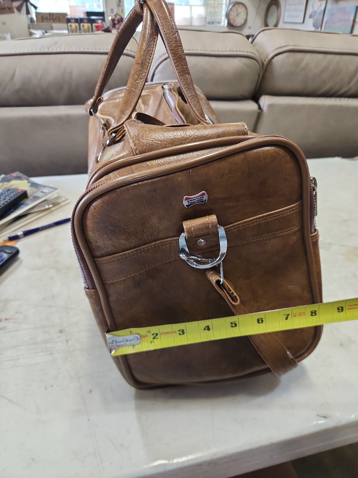 American Tourister Carry-On Vintage Duffle Bag Brown Leather Handles & Strap