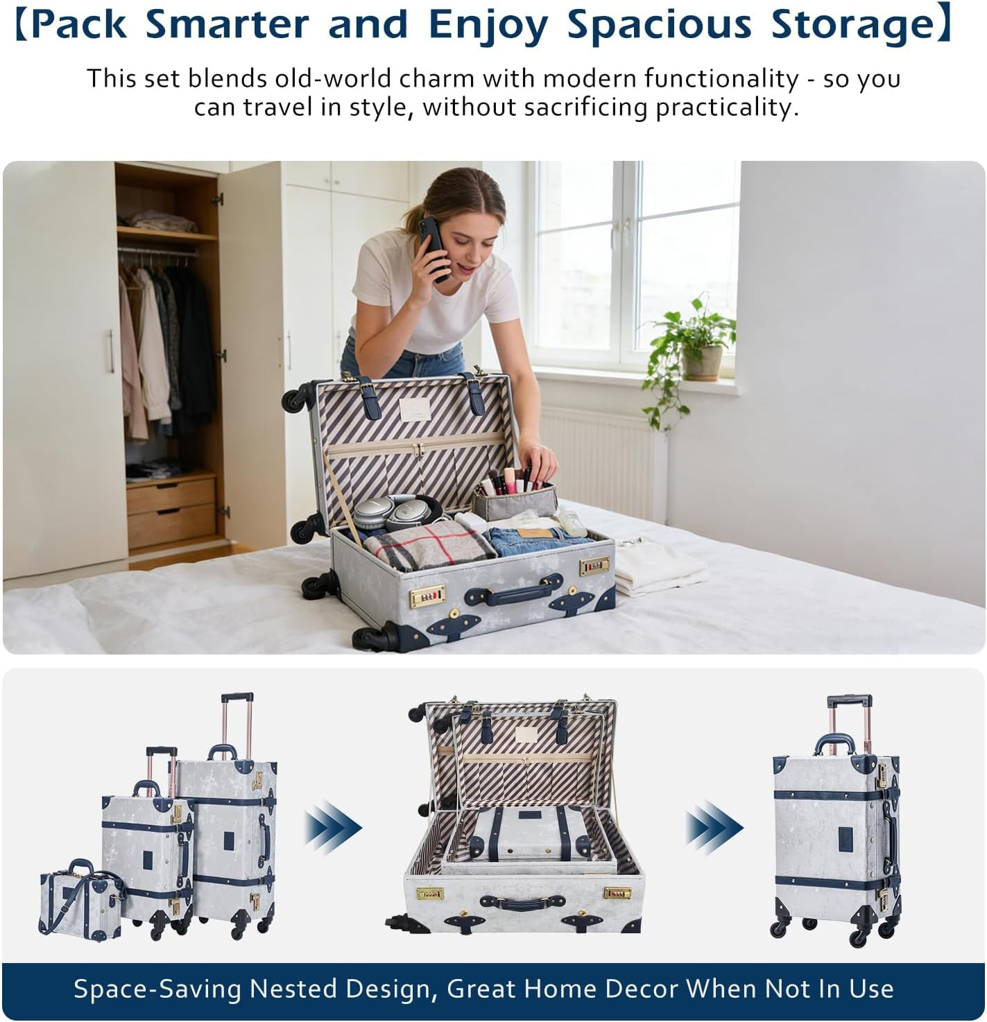 3-Piece Vintage Suitcase Set, Retro Leather Travel Luggage with Cosmetic Train B