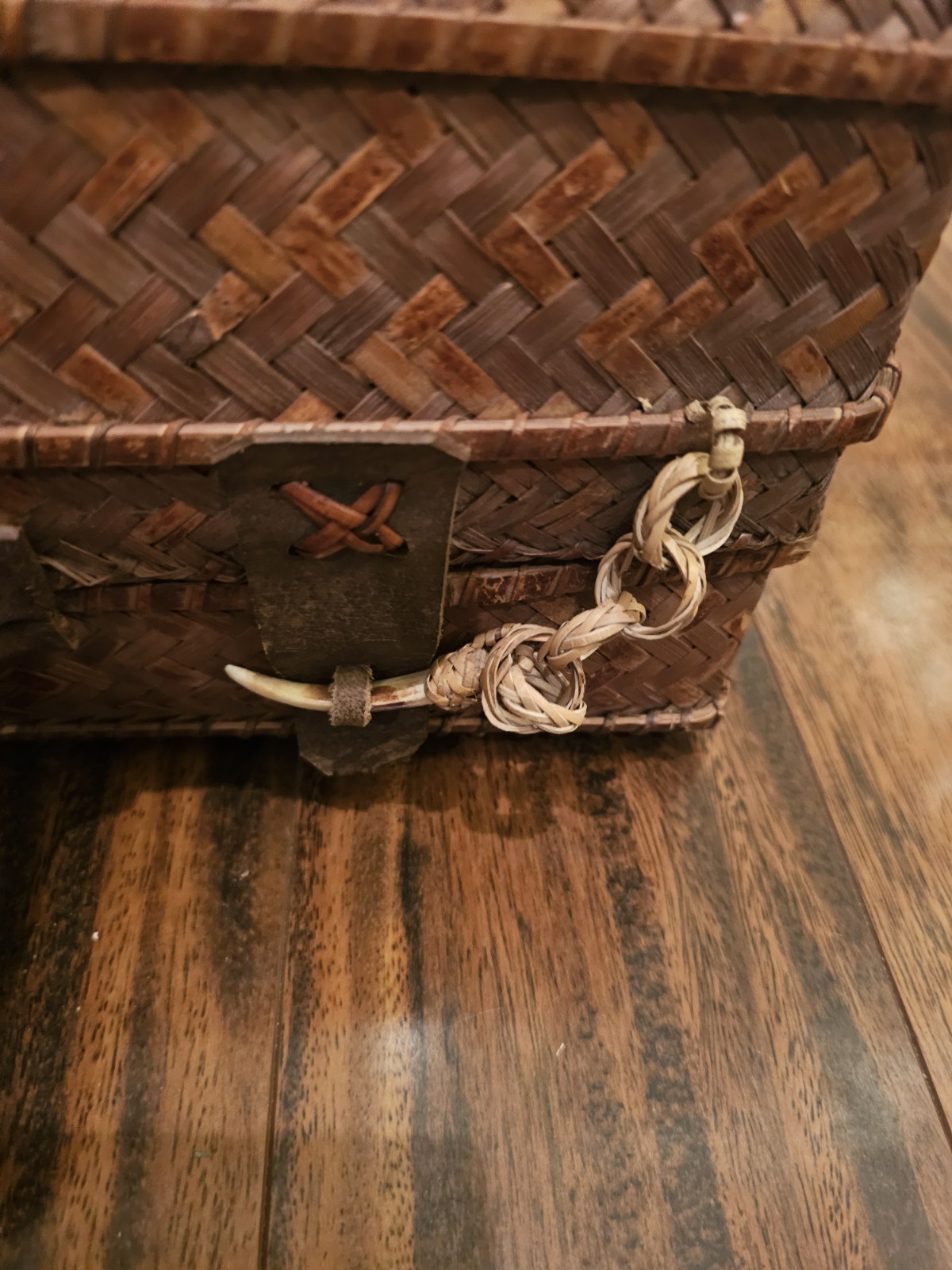 Antique Rattan Travel Case W/Leather & Animal Tooth Closure, Carved Wood Handles