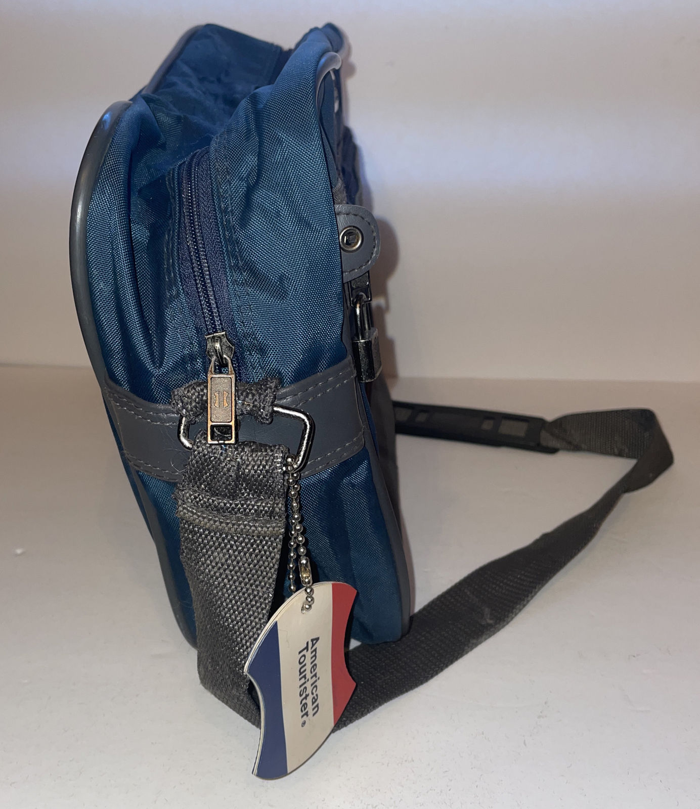 American Tourister Blue Canvas Carry On Bag Shoulder Strap Luggage Tag Footed