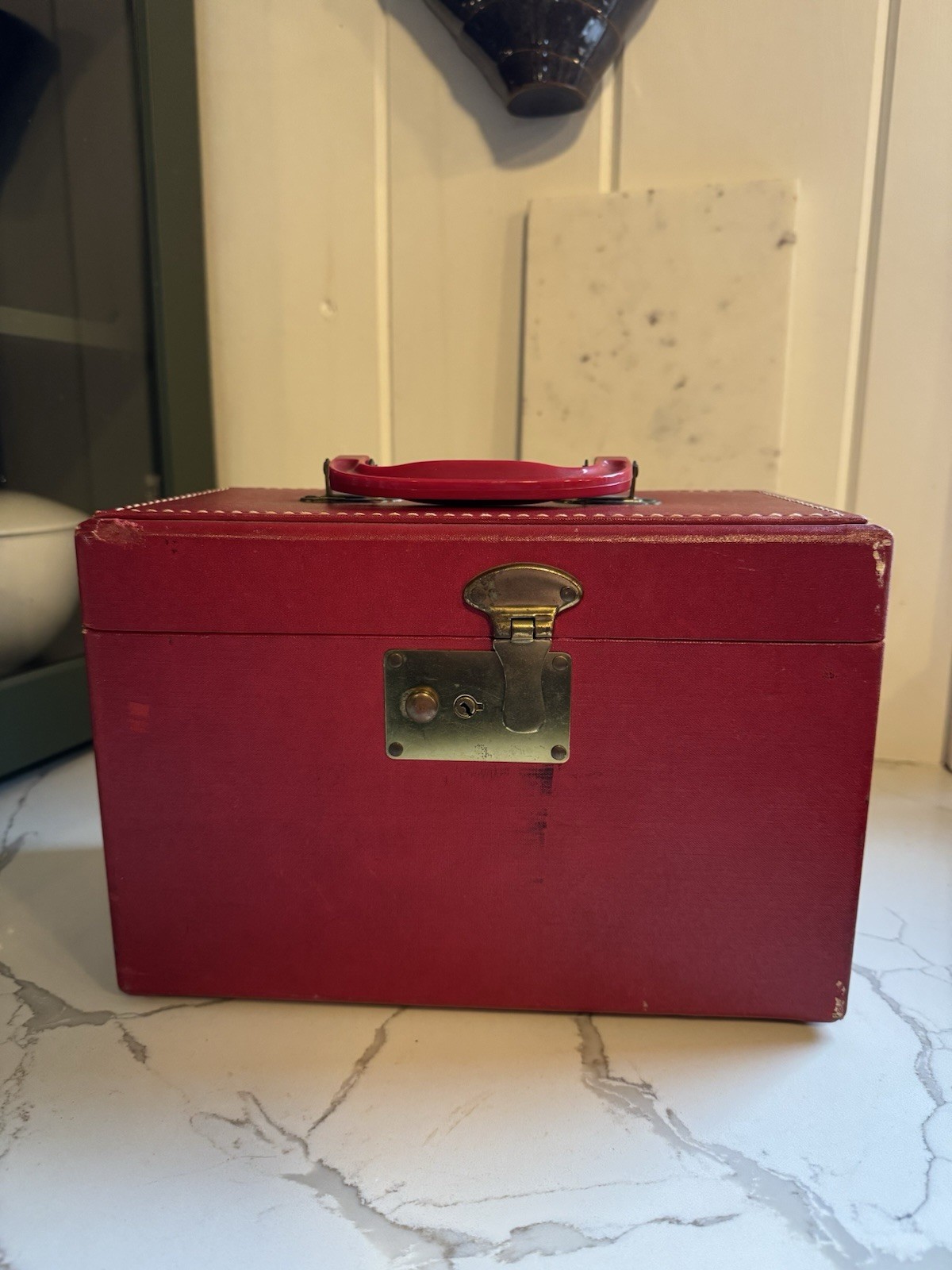 Vintage Red Train Case Makeup Travel Box w Spiderweb Lining Tray Retro Halloween