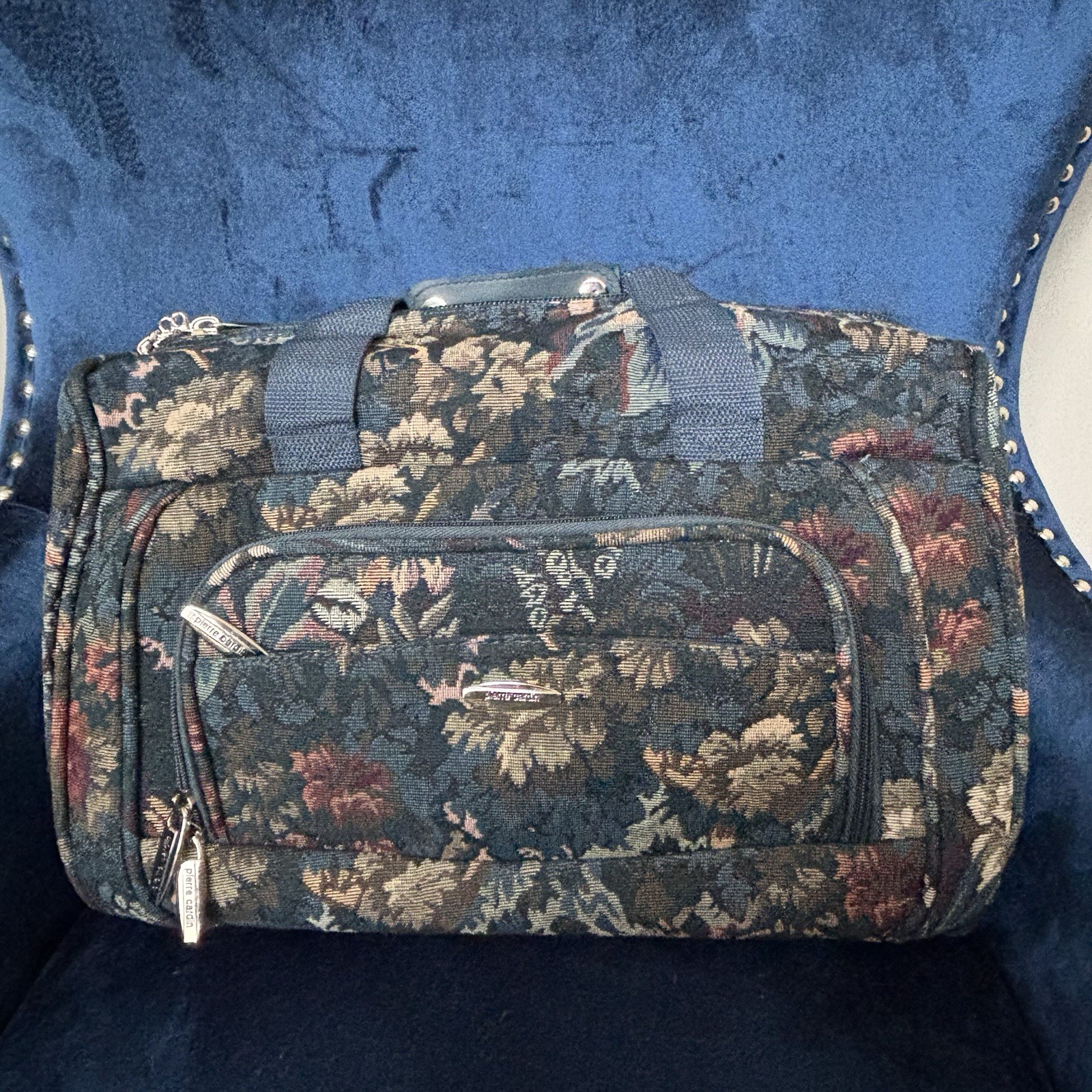 Vintage Pierre Cardin Blue Flower Overnight Travel Bag Shoulder Strap