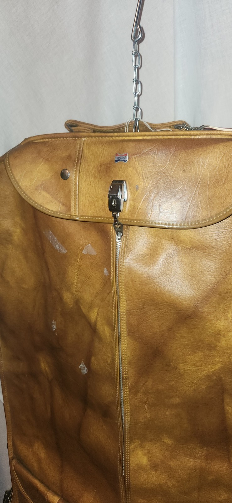 Vintage American Tourister Brown Leather Vinyl Travel Suit Folding Bag Hanging