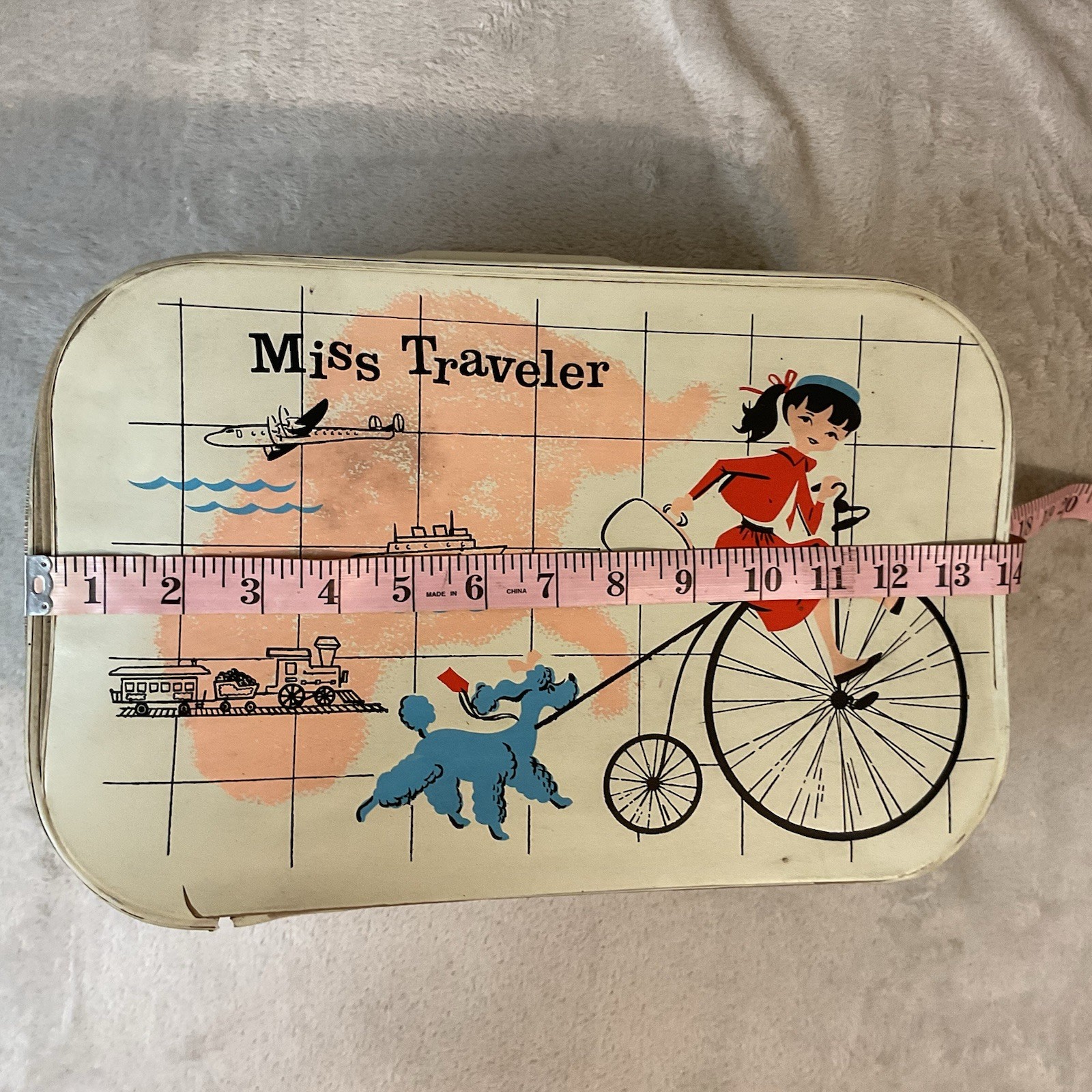 Vtg Suitcase Miss Traveler 1950s Kid Luggage Suitcase Overnight Girl Bike Poodle