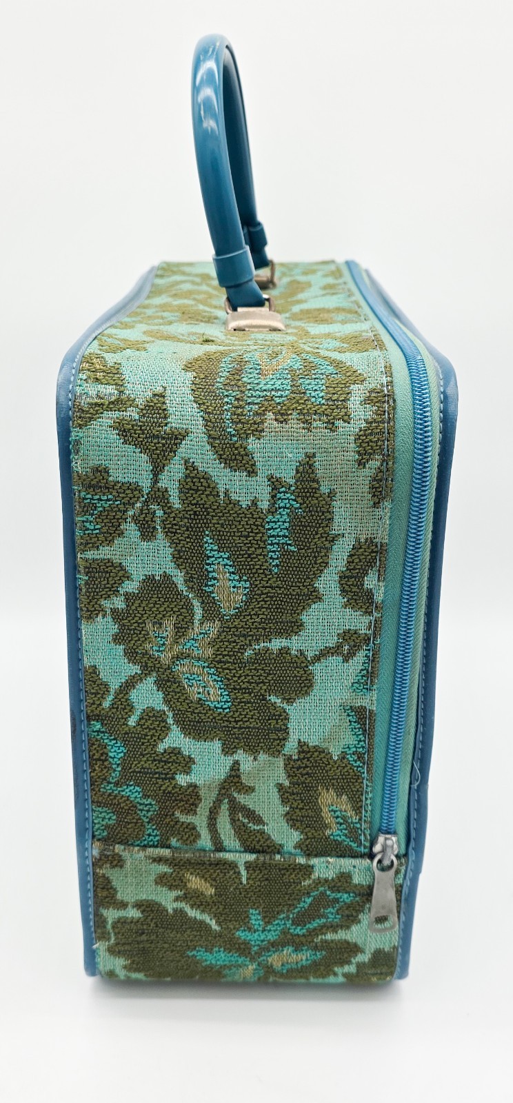 Vtg Suitcase 60’s – 70’s Mod Flower Cloth Blue Green Train Case Luggage 15”