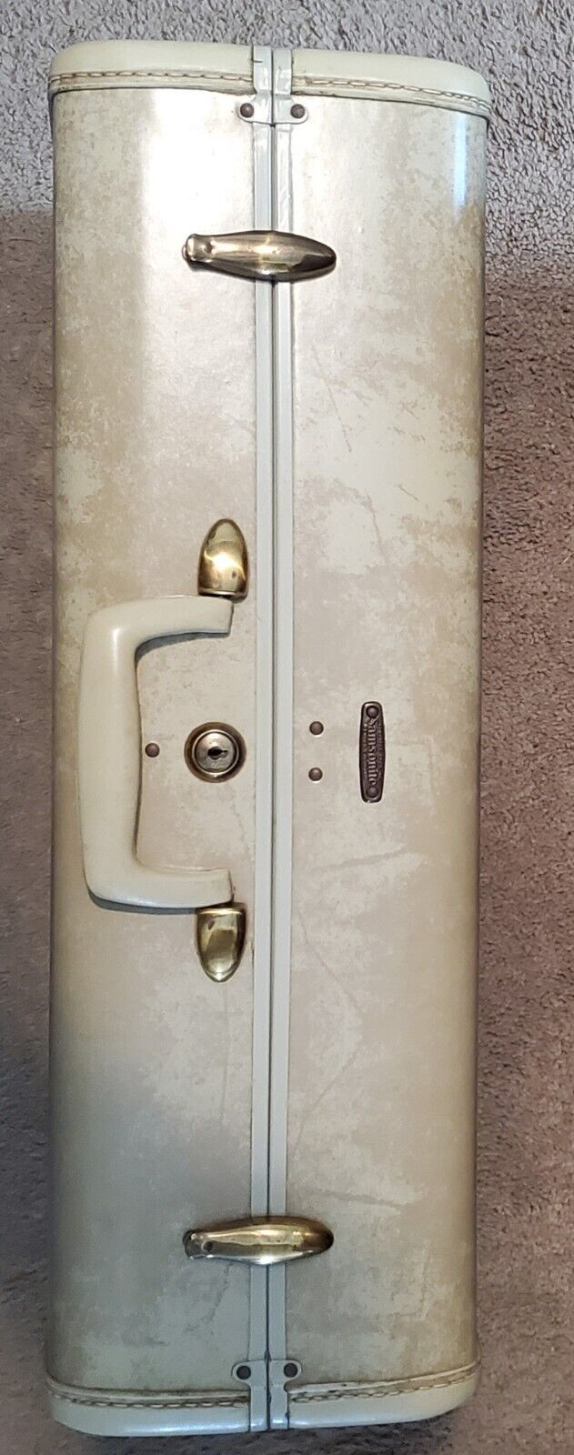 SAMSONITE #4521 BEIGE/TAN MARBLE HARD TRAIN 21″ x13″x 7″ SHWAYDER SUITCASE 1950s