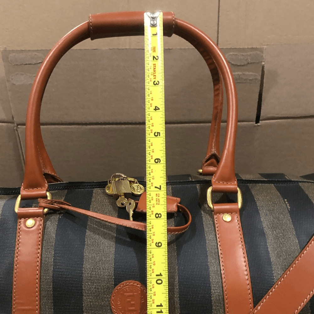 FENDI Pequin Pecan Striped Bandolier Boston Travel Bag w FENDI Shoulder Strap