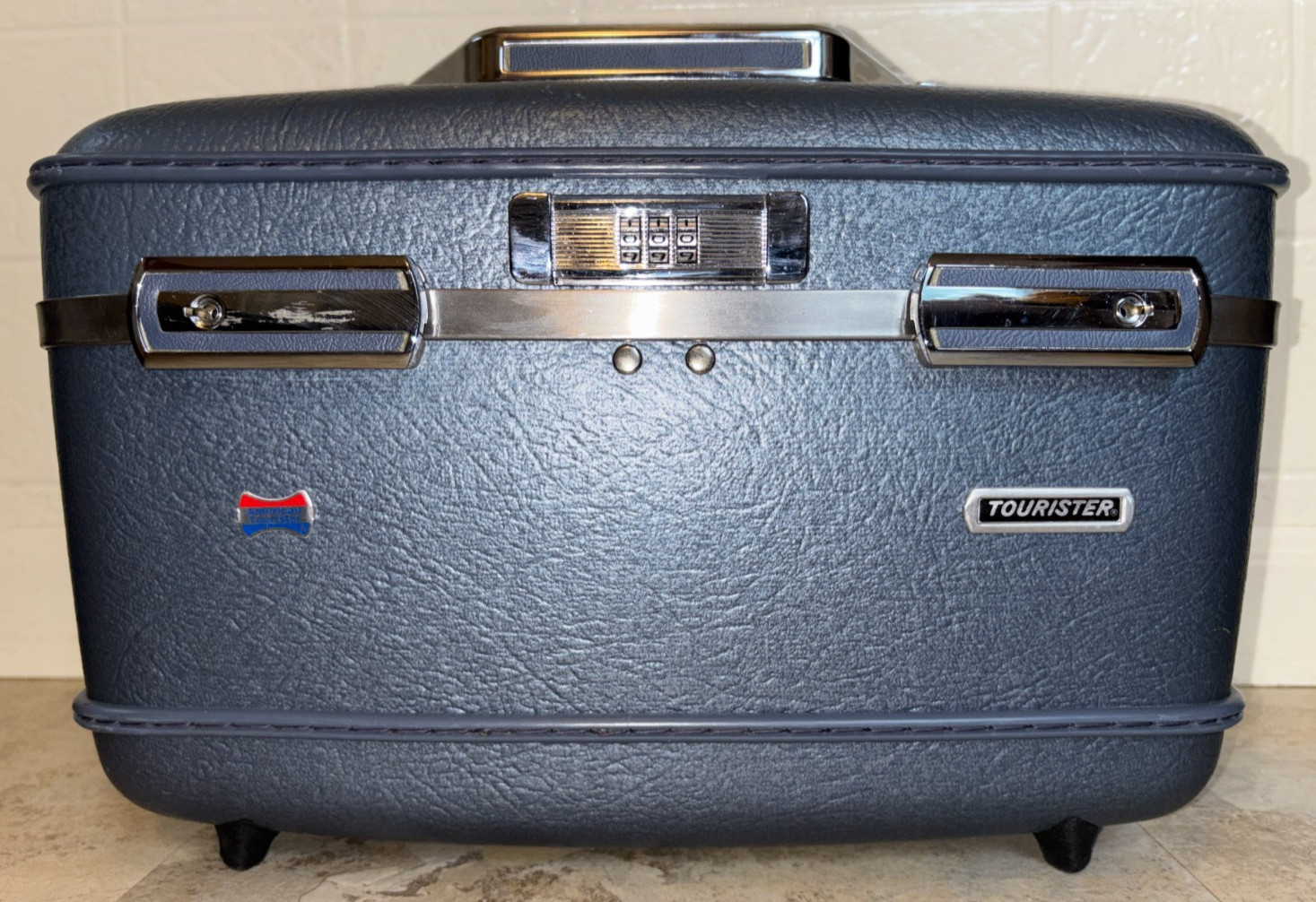 VTG American Tourister Blue Hard Shell Makeup Train Case MCM Combo Lock No Keys