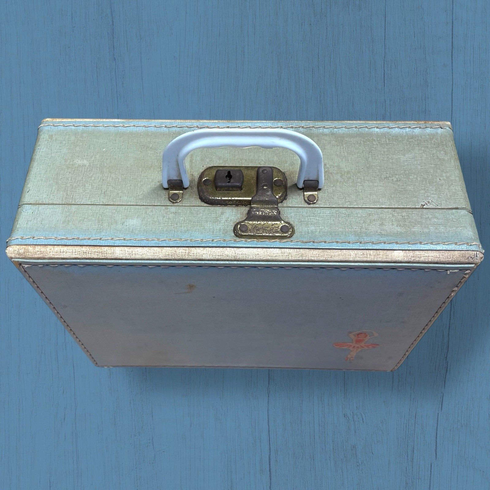 VTG Mid Century Modern Travel Carry On Luggage Blue Leather Exterior Lock & Key