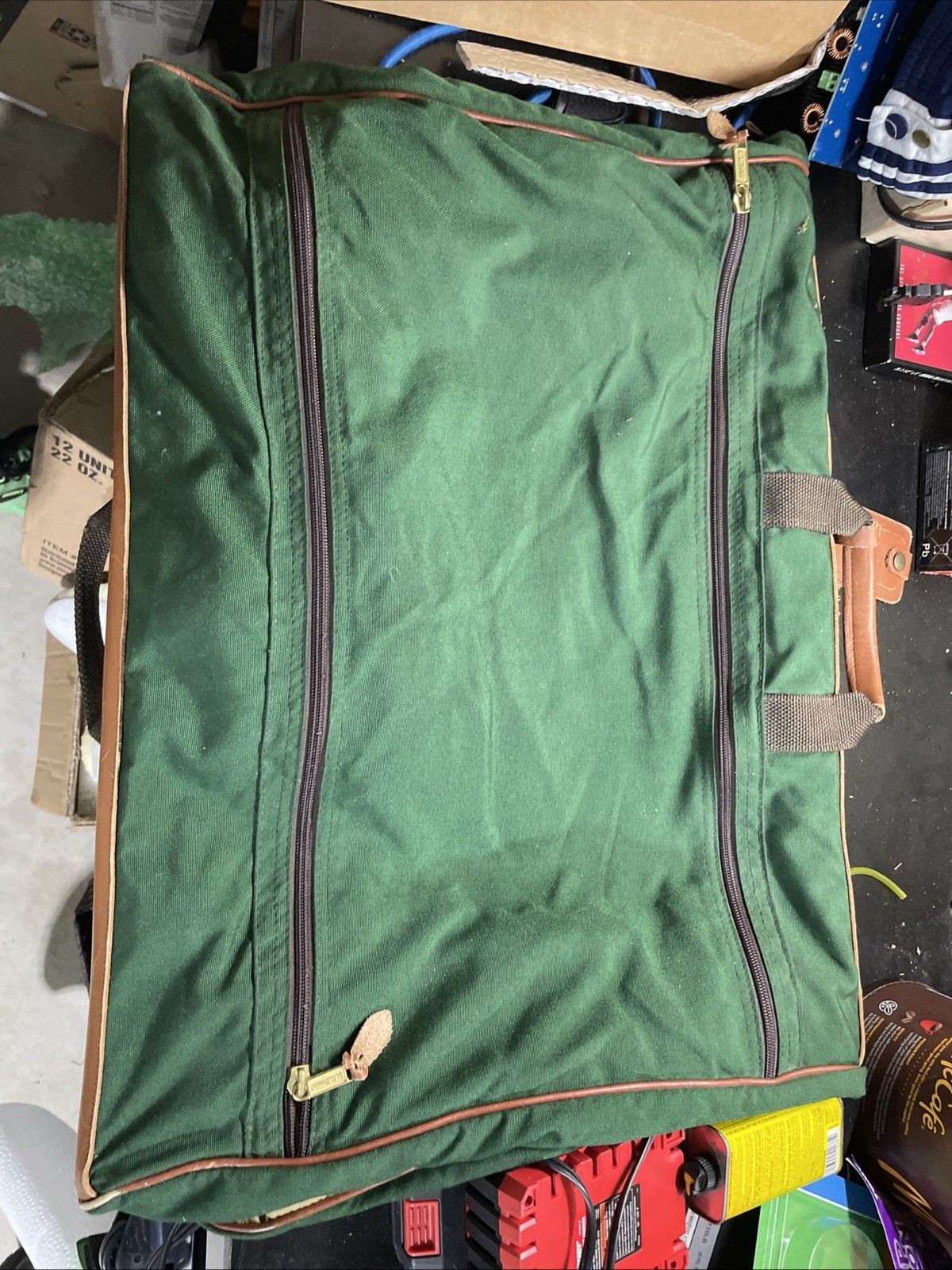 Vintage L.L. Bean Cotton Canvas Leather Trim Garment Bag Green