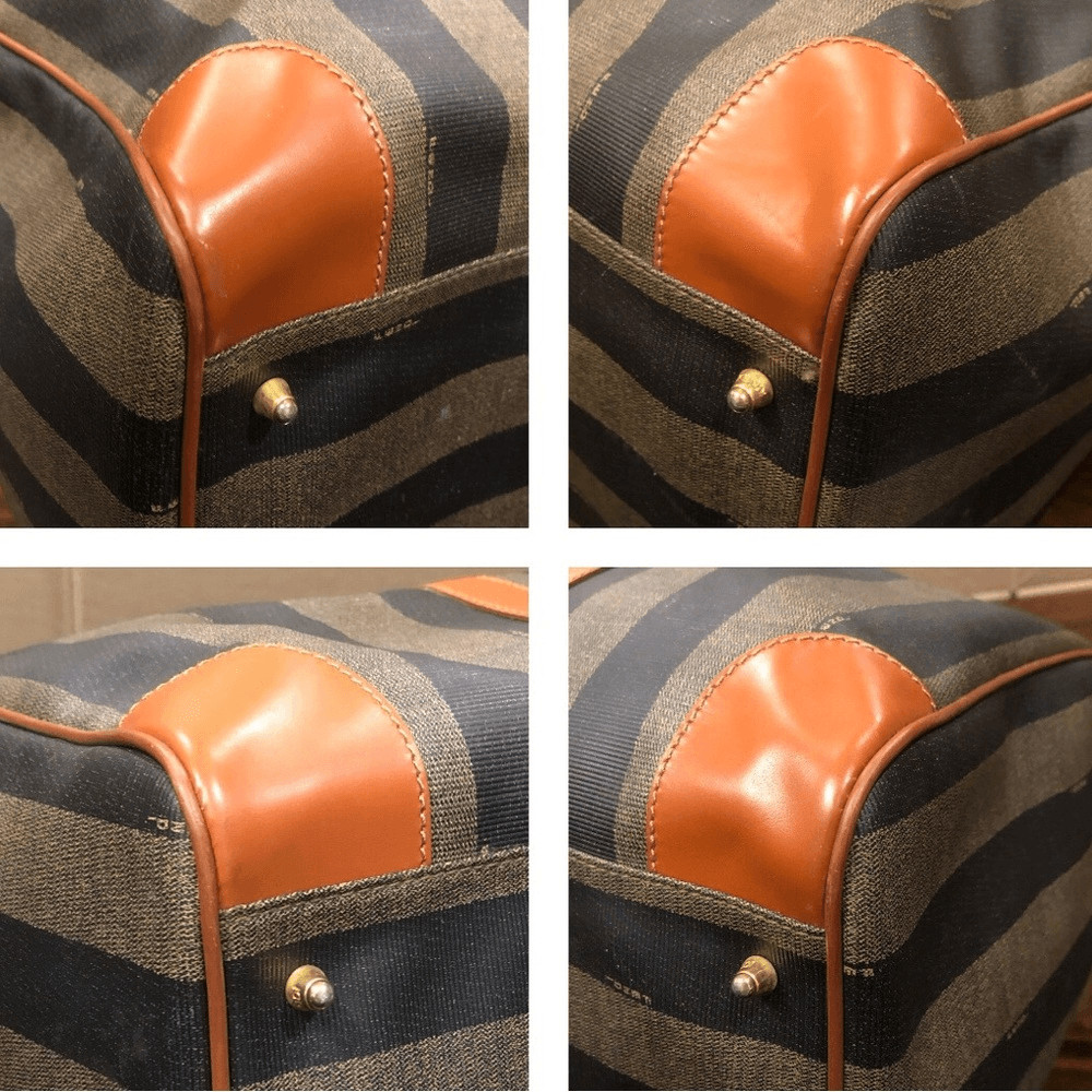FENDI Pequin Pecan Striped Bandolier Boston Travel Bag w FENDI Shoulder Strap