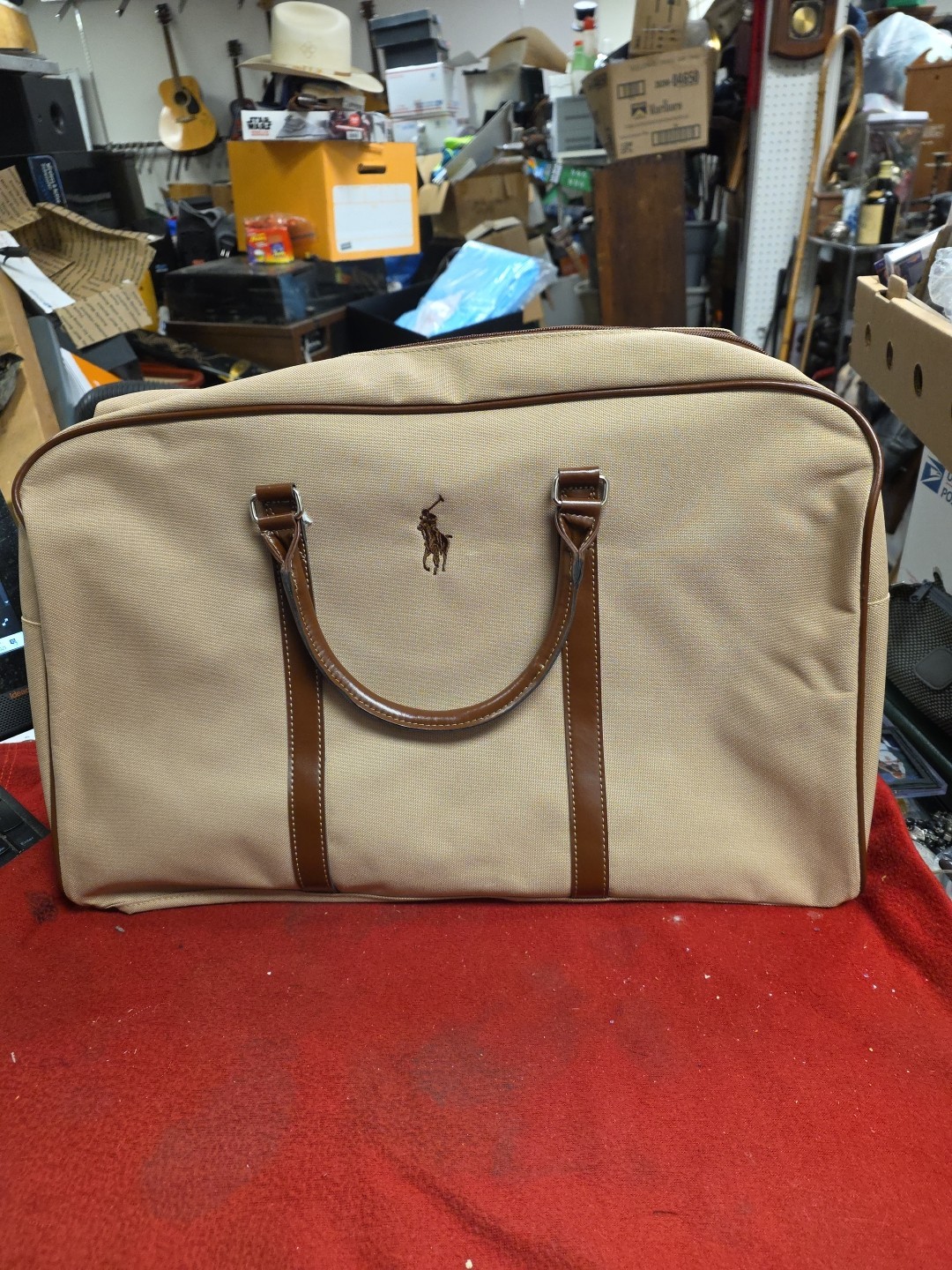 Vintage Polo Ralph Lauren Large Tan Duffel Bag/Overnight Bag Canvas/Leather