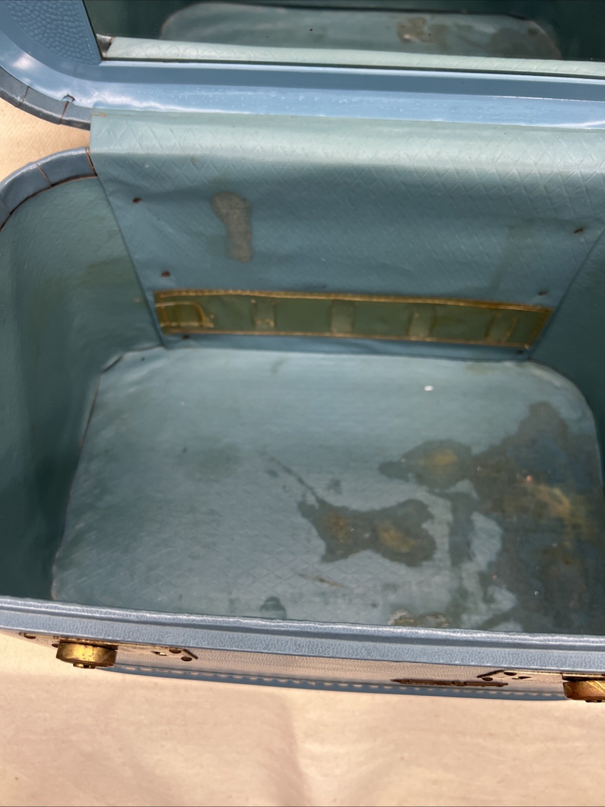 Vintage Blue Travel Joy Train Case with Brass Hardware, No Key, Some Damage