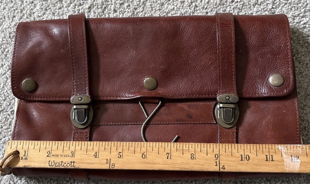 Vintage Men’s Women’s Leather Satchel Travel Bag Shaving Kit Case Brown Leather