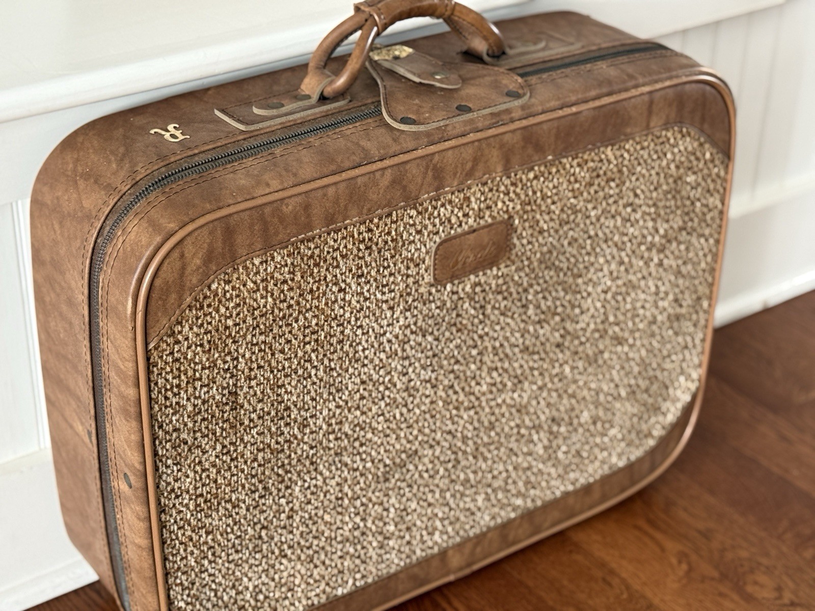Verdi Vintage Tweed Travel Suitcase Luggage Brown Leather Prop Decor