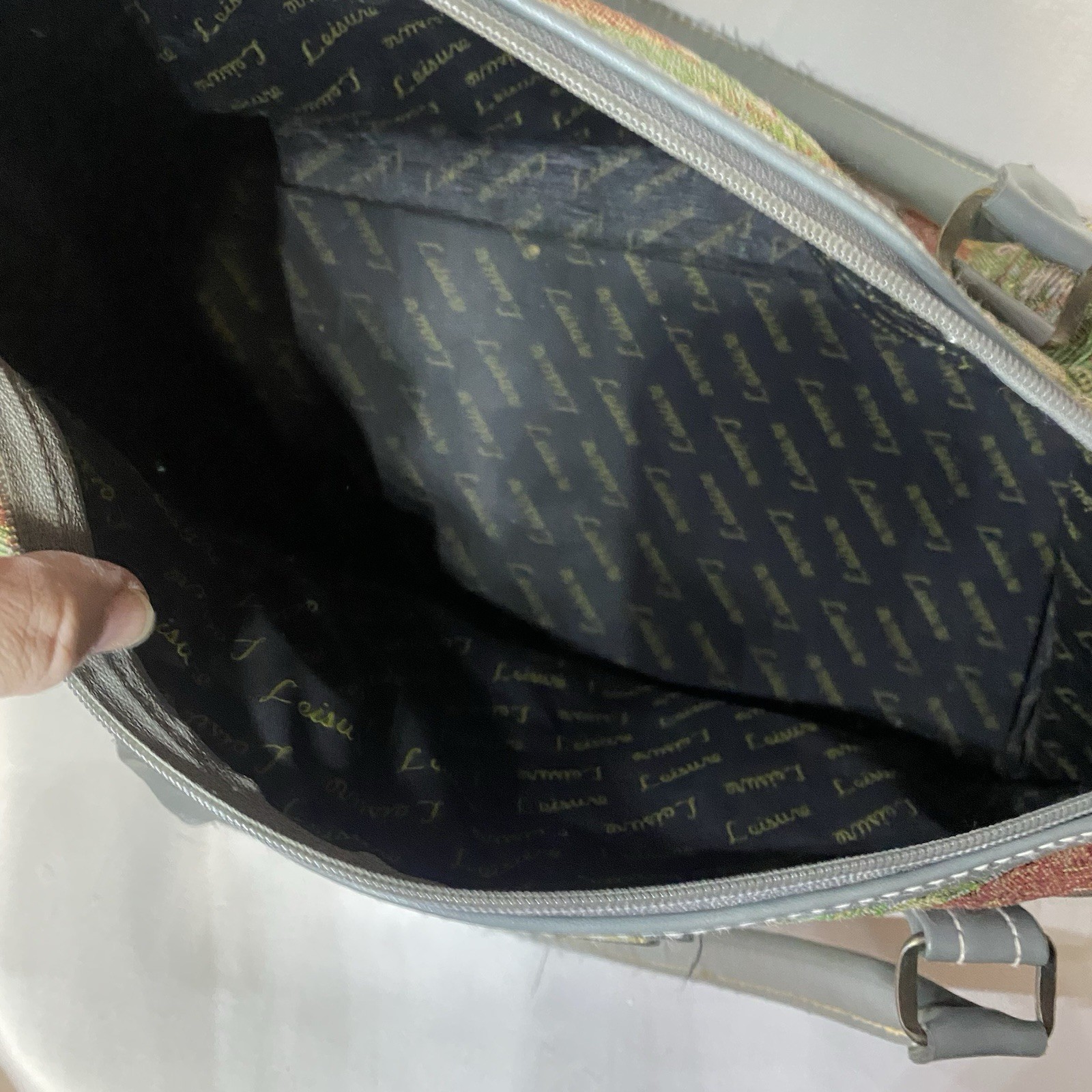 Leisure Tapestry Bag Gray Leather Trim Overnight Tote Carry On Zip Close Vintage
