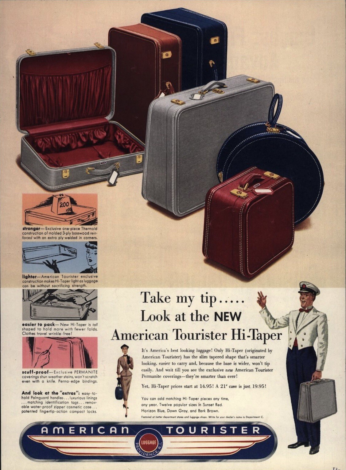 American Tourister Suitcase Gray Hard Shell Hi-Taper 1940s Orange Lining 24” EUC