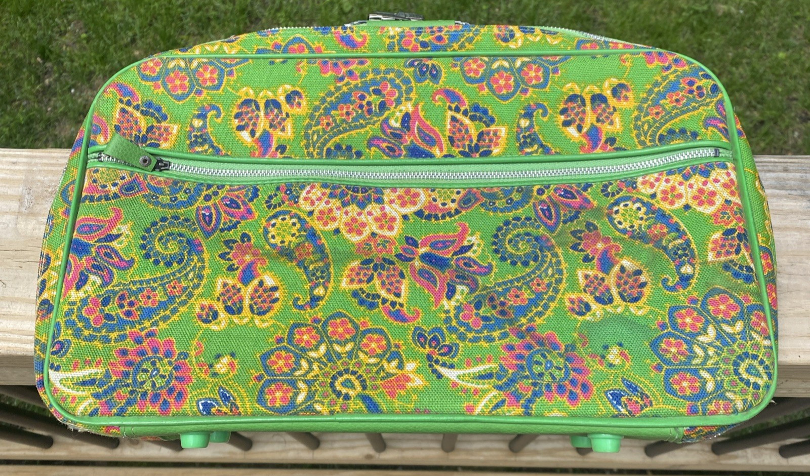 Penguin Travelers Paisley Cloth Suitcase Green Accents V.B. Handle ~Clean