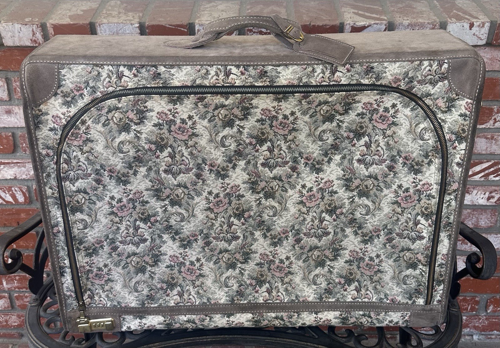 Vintage French Co Luggage; Grey Rose Tapestry W/Suede/ID Tag; Blue Int/Cmbo Lock
