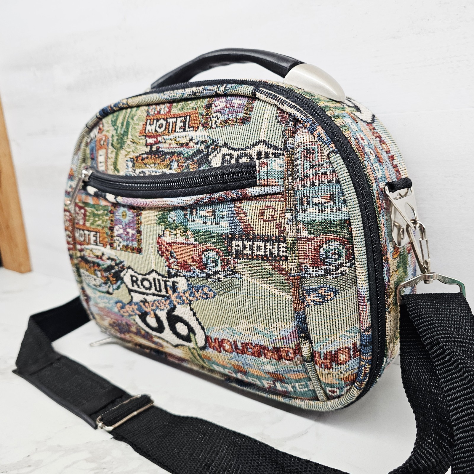 Vtg. Route 66 Luggage Carry On Shoulder Bag Pioneer Express Tapestry