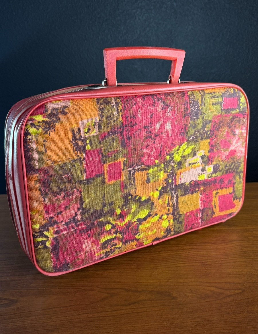 Vintage 1970s small orange suitcase soft fabric child’s train case pink
