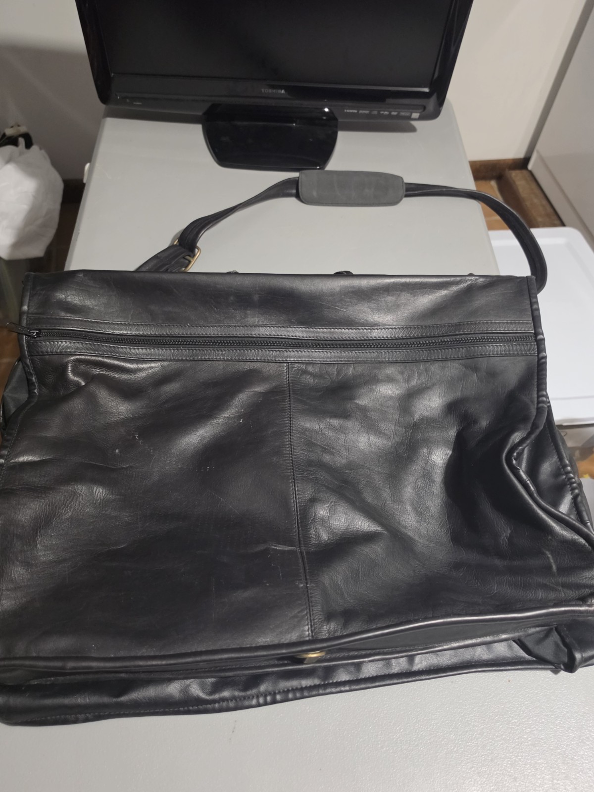 Vinatge Leather Garment Bag Black W Shoulder Strap