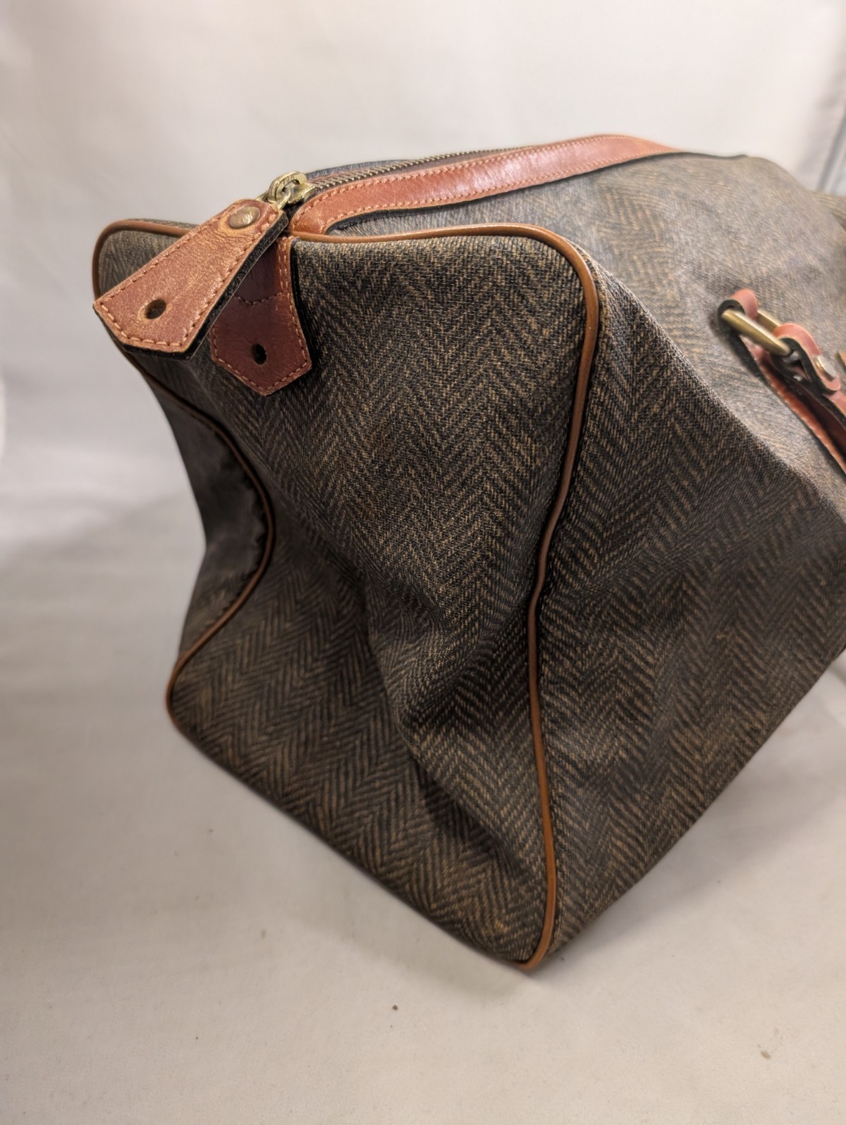 WHY Leather Mall Herringbone Duffel Bag Brown Tweed Weekender Leather Tote