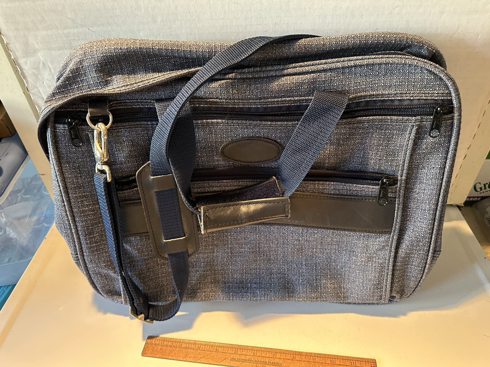 Vintage Ventura Large Shoulder Bag Carry-On Zippered Blue Canvas & Leather