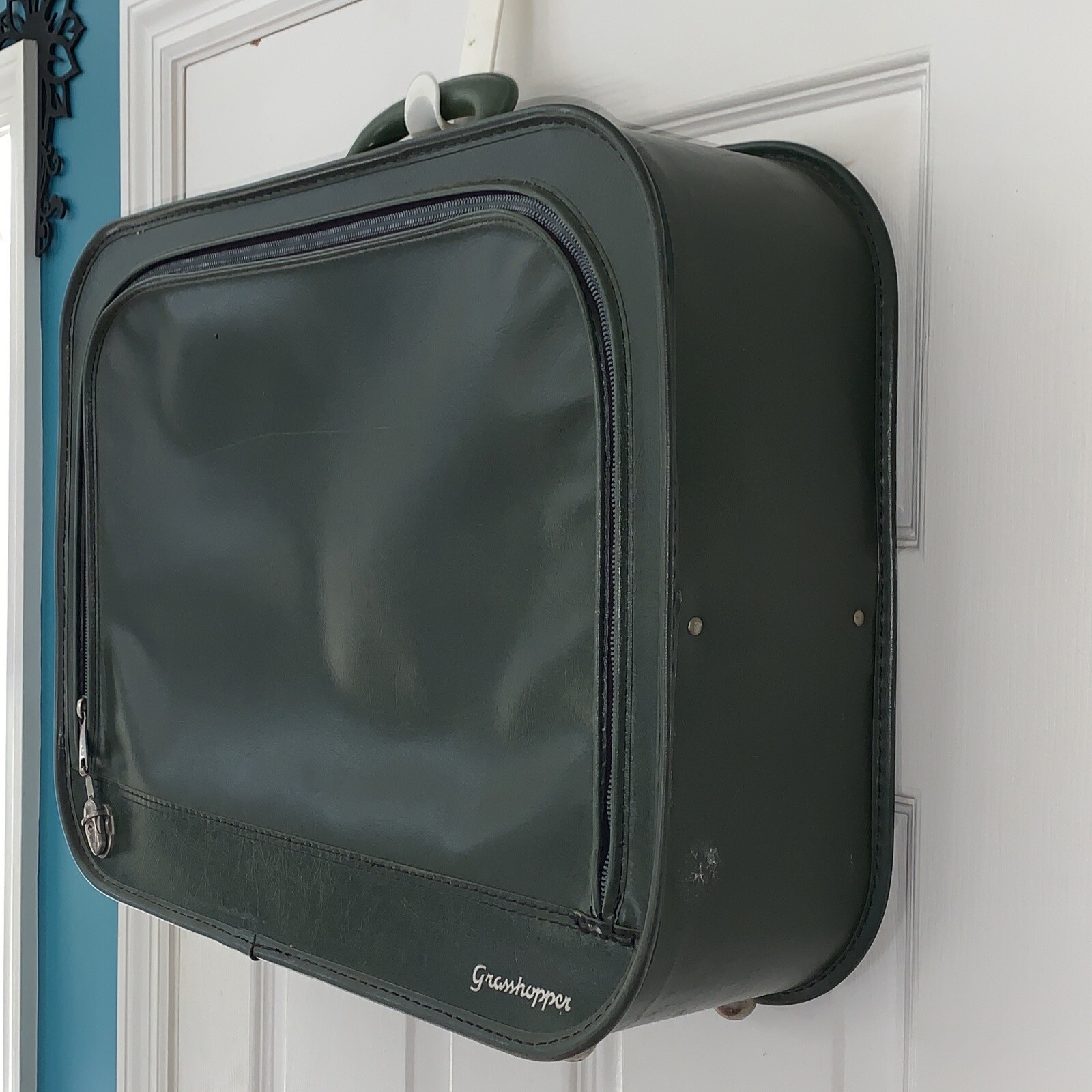 Vintage Grasshopper Suitcase Olive Green Faux Leather Luggage 21x15x5.5”