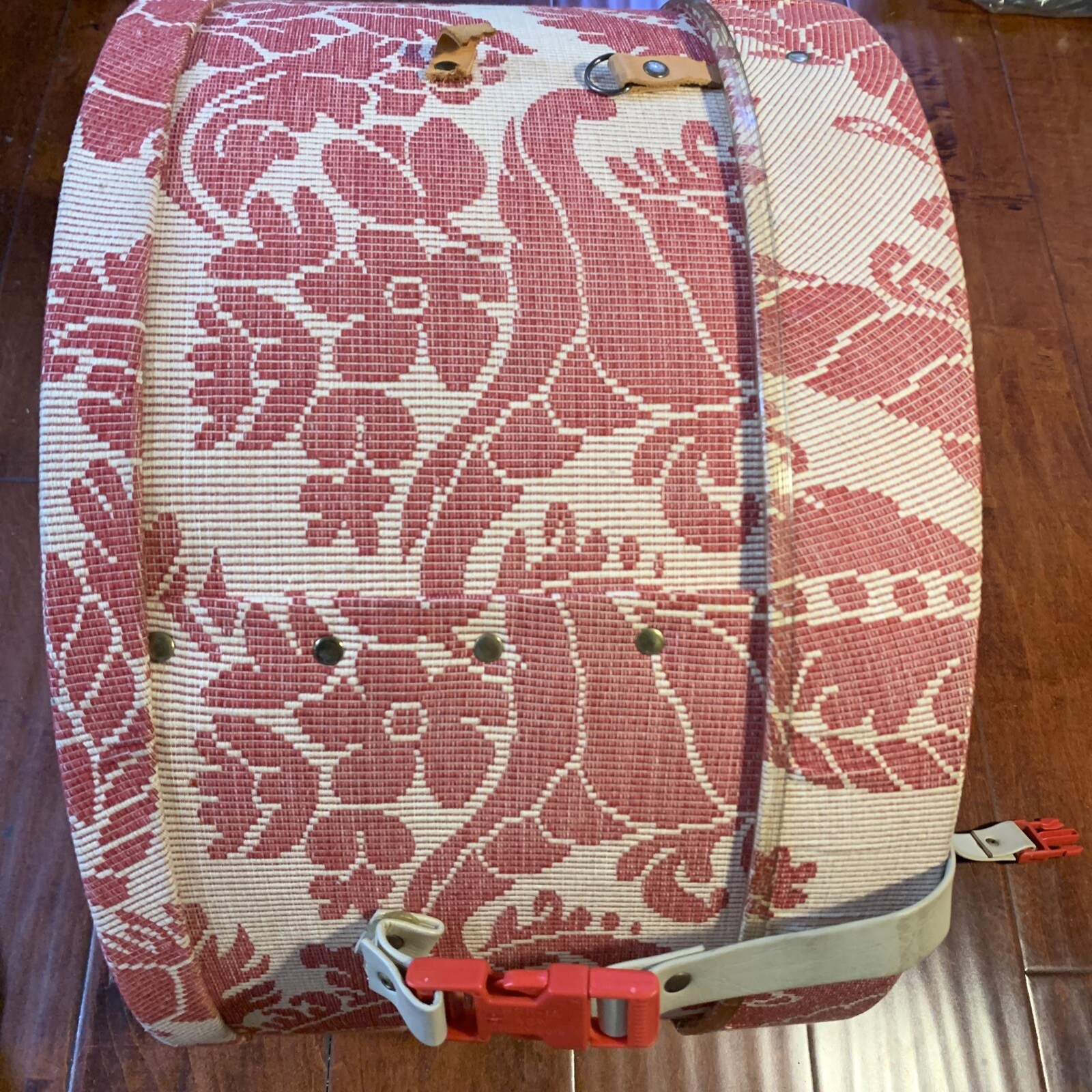 Vtg Floral Jacquard Luggage Round Suitcase Hat Wig Box Train Case W/ ACW Buckle