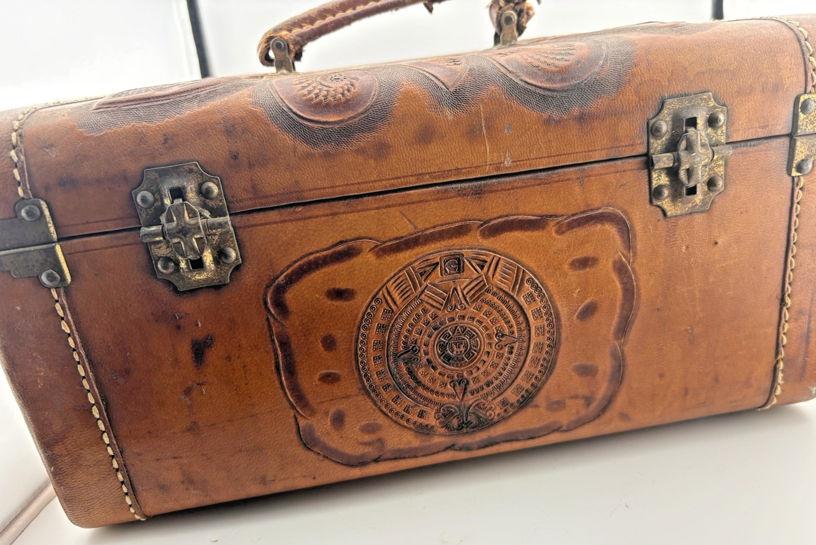 Vintage Hand Tooled Floral Leather Train Case Brass Hardware by Flores’ Mexico