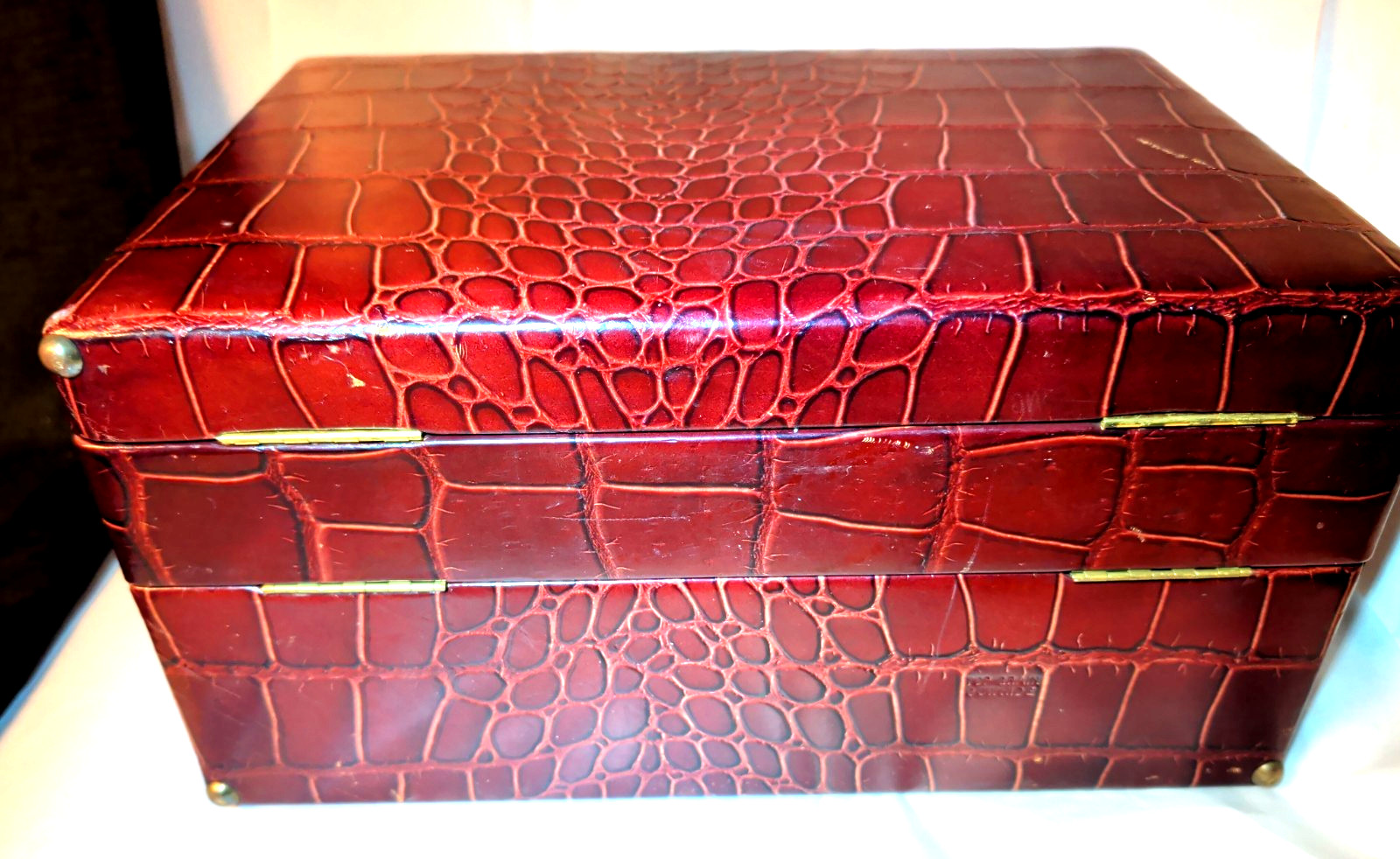 RARE 1920s Faux Alligator Leather 2 Tier Travel Cosmetic Case W/Mirror & Bottles