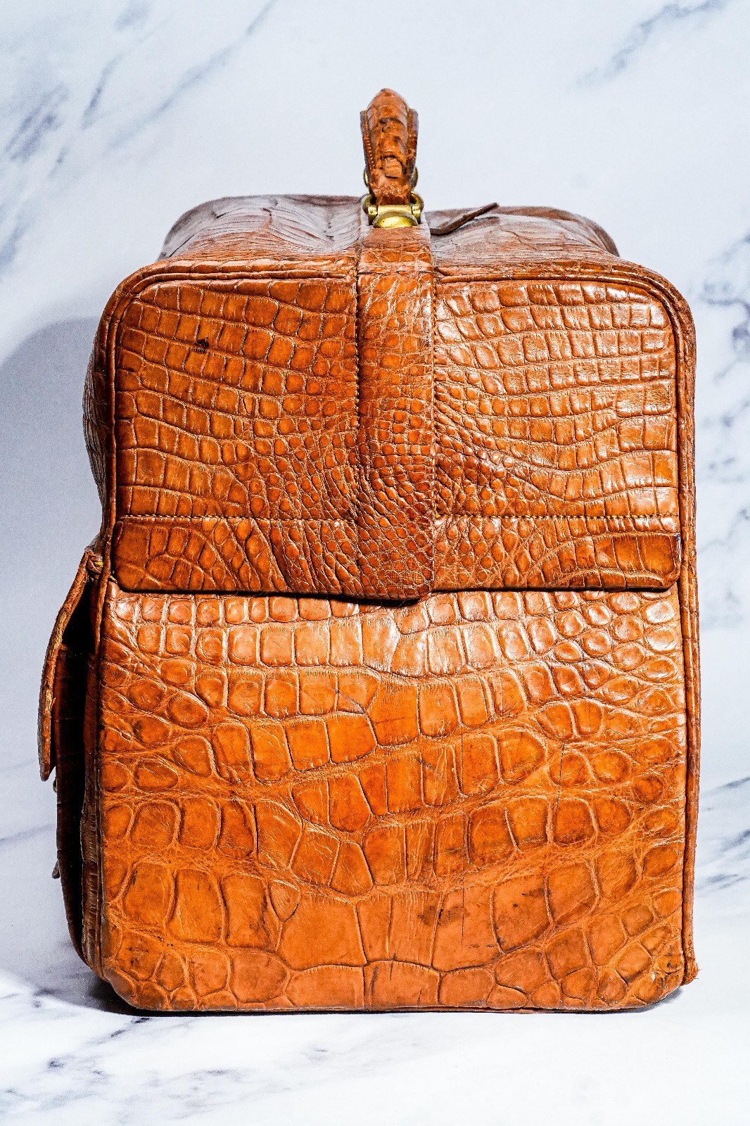 Edwardian Antique Crocodile Leather Gladstone Bag Travel Suitcase