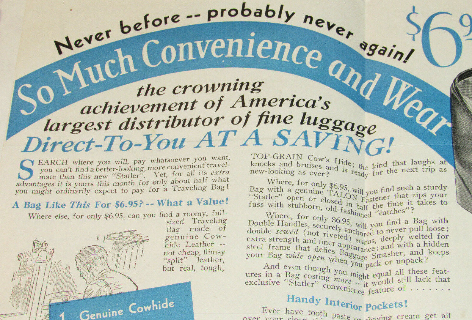 VINTAGE 1935 18″ COWHIDE LEATHER TRAVELING BAG ADVERTISING FLYER! ONLY $6.95!