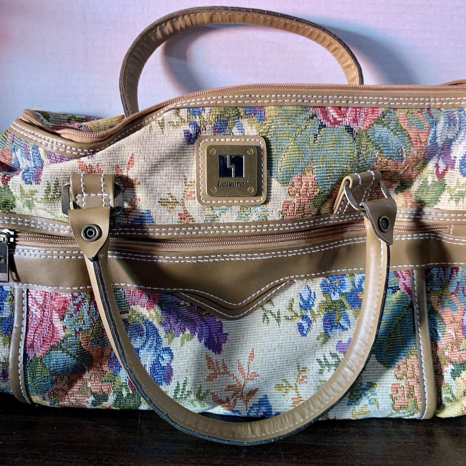 Vintage 80s Leisure Luggage Tapestry Beige Floral Carry On Suitcase Bag Tan Trim